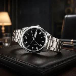 Silver stainless steel Roman dial watch for men with black face Silver stainless steel Roman dial watch for men with black face
