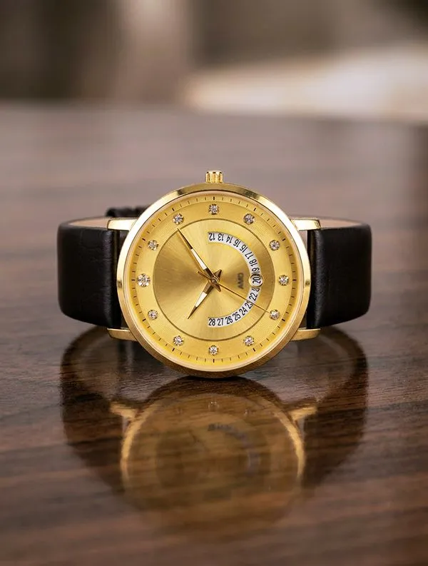 Gold Dial Men’s Watch with Brown Leather Strap